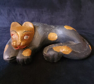 Vintage Thai Bali Indonesia 11.5" Hand Carved Painted Folk Art Wooden Cat Statue